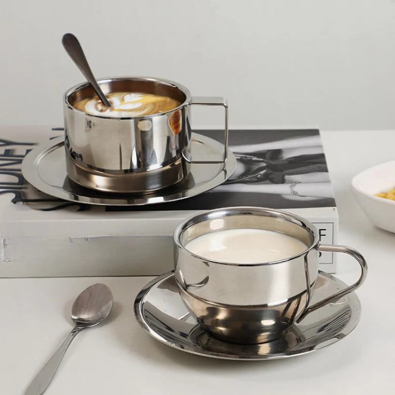 Clarke Stainless Steel Coffee Cup with Saucer – Polished Modern Finish, Front View