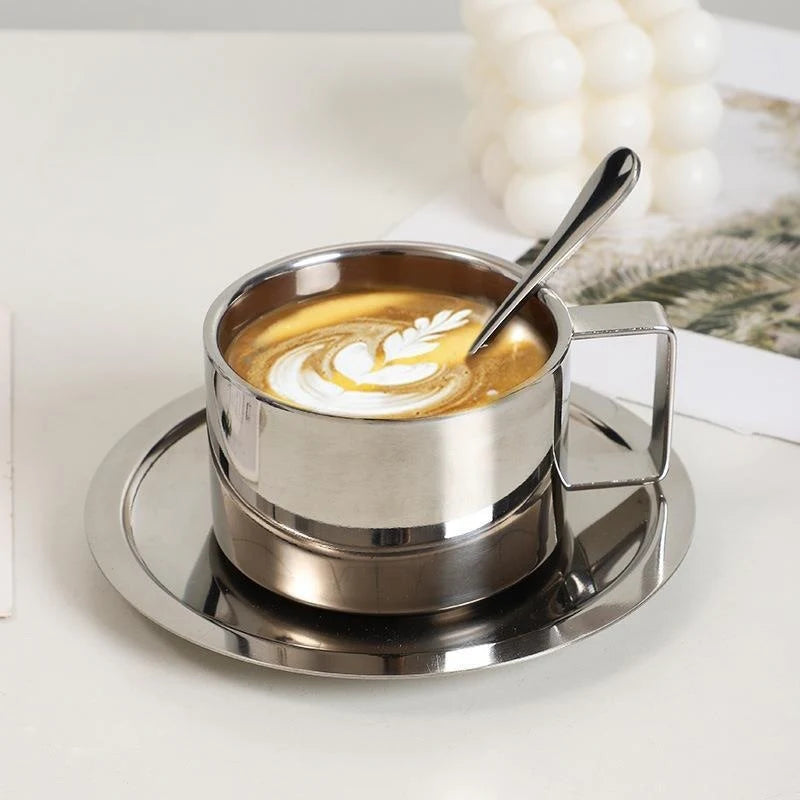 Double-Walled Stainless Steel Coffee Mug – Side Profile with Geometric Handle
