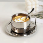 Double-Walled Stainless Steel Coffee Mug – Side Profile with Geometric Handle