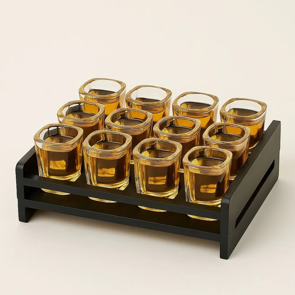 Elegant shot glasses with wooden stand for home bar