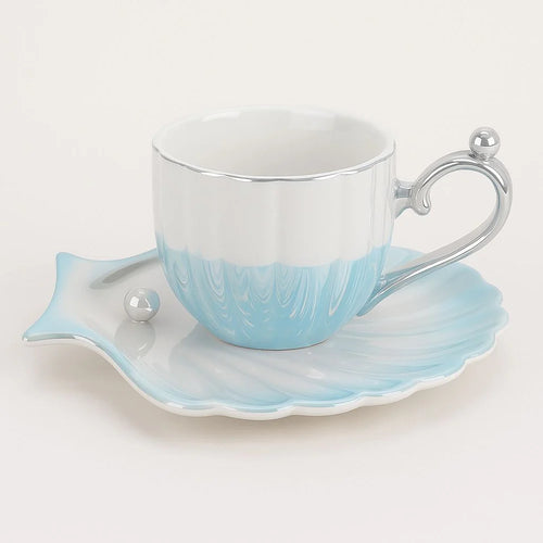 Marina Pearl ceramic cup and saucer set with seashell design