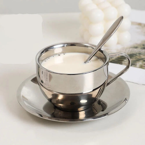 Modern Metallic Coffee Cup and Saucer Set – Top View Displaying Circular Design