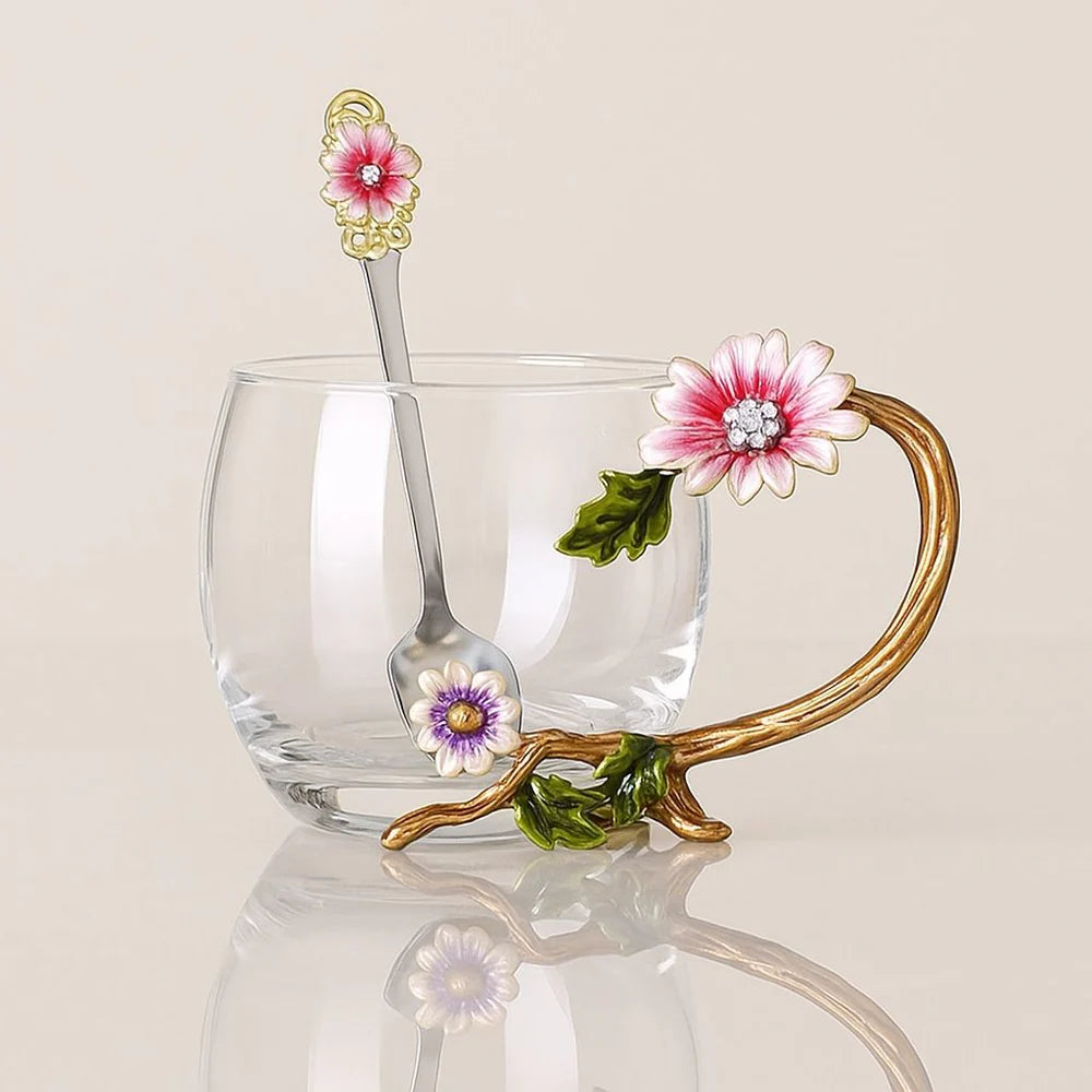 Sophia enamel glass tea cup with hand-painted floral handle