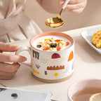 Wide rim stoneware mug with ergonomic handle
